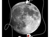a black and white photo of two astronauts in front of the moon