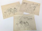 three drawings of people riding horses in a field