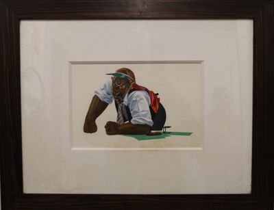 painting of a monkey with a hat and a backpack sitting on the ground