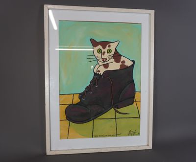 tableau représentant un chat assis dans une chaussure sur un sol carrelé