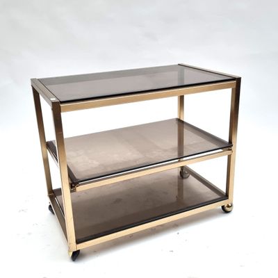 a metal and glass coffee table with two shelves on casteors