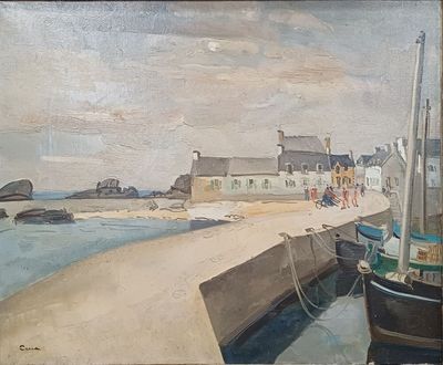 un tableau représentant un bateau amarré à un quai