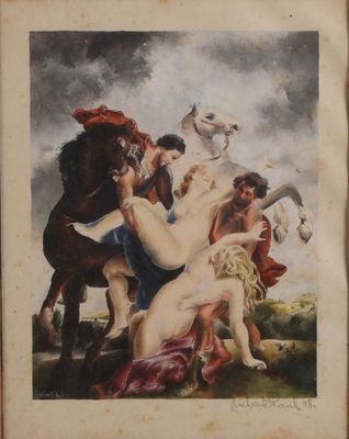 un vieux livre sur lequel figure une peinture représentant une femme à cheval et un homme à cheval