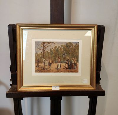 tableau encadré représentant un groupe de personnes dans un décor boisé