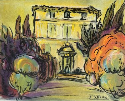 painting of a house with trees and bushes in front of it