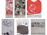 six affiches représentant divers types d'œuvres d'art sur fond blanc