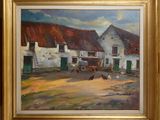 une peinture à l'huile représentant une scène de ferme avec des poules et un cheval