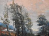 a painting of a man riding a horse down a road