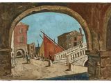 an image of a painting of a street scene with a boat in the water