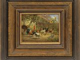 un tableau représentant une scène de ferme avec des poulets et des poulets