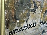 portrait of a dog in a gold frame with a name written on it