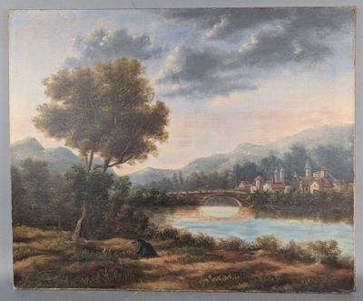 painting of a landscape with a river and a bridge in the foreground