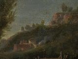 painting of a landscape with sheep grazing in a field and a house in the distance