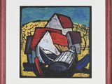 framed and matted print of a painting of a house and a boat