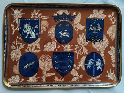 a picture of a tray that has a lot of blue and white items on it
