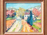 a painting of a country road with trees and houses in the background