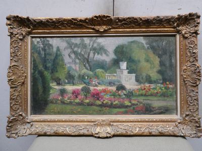 une peinture à l'huile représentant une scène de jardin avec une maison en arrière-plan