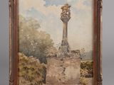a painting of a monument with a statue in the middle of it