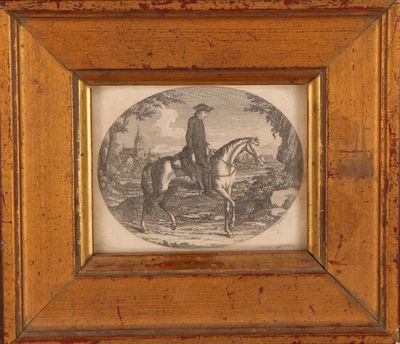 an old picture of a man riding a horse in a wooded area