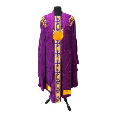 a purple and yellow clergy robe with a cross on the front