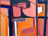 abstract painting of orange, blue, and pink shapes in a wooden frame