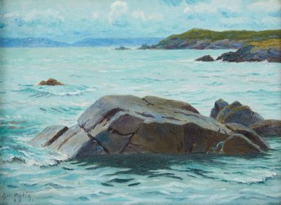 une peinture à l'huile représentant un rocher au milieu d'un plan d'eau