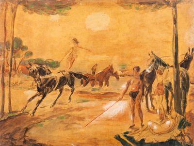 a painting of a man riding a horse in the desert