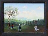 a painting of people playing golf with a dog