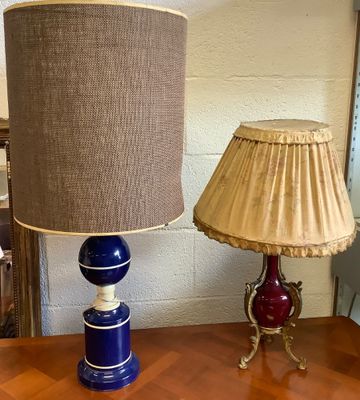 deux lampes posées sur une table, surmontées d'un abat-jour