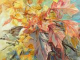 a painting of a bird sitting on a branch of a tree