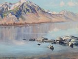 an oil painting of a lake with rocks and mountains in the background