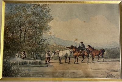 Émile HENRY (1842-1920) Chevaux se désaltérant près d'une fo… - Photo 1