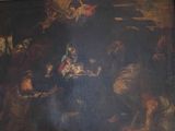 a painting of a manger scene with a baby in a manger