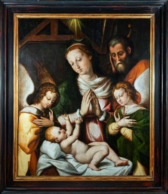 un tableau représentant une famille avec un bébé dans une crèche