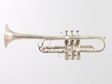 an old silver trumpet with a white background