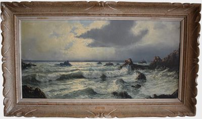painting of a painting of waves crashing on rocks in the ocean