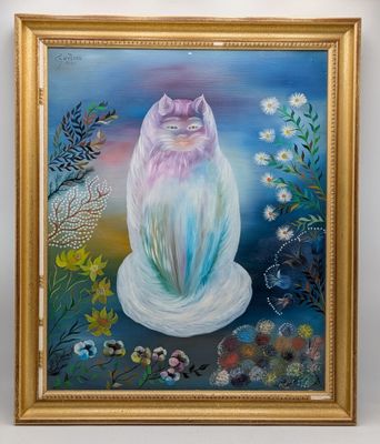 une peinture à l'huile représentant un chat assis sur une assiette blanche