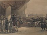 painting of a group of people standing around a table in a room