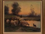 a painting of a painting of sheep and a dog by the water