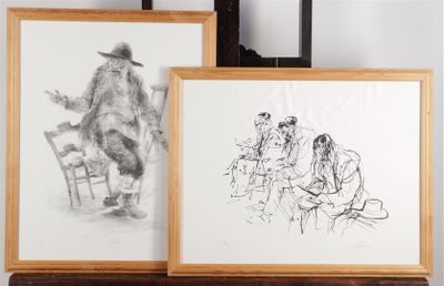 two framed pictures of a man and a woman sitting on a chair