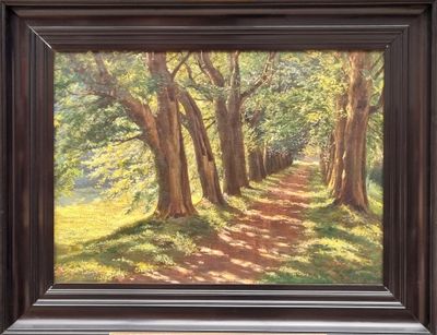an oil painting of a path in the woods with trees