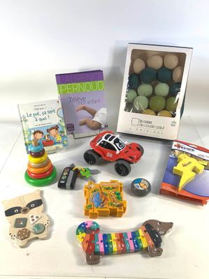 many toys and books on the table together
