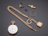 an assortment of gold jewellery including a watch and a chain