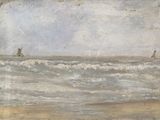 un tableau représentant un voilier en mer par temps nuageux