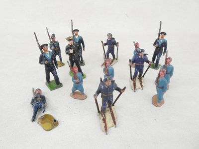 many figurines of men dressed in blue uniforms