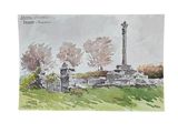 a watercolor painting of a monument in a park