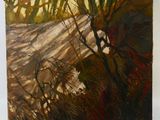 an oil painting of a dirt road with trees in the background