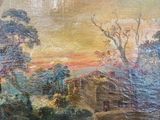 an oil painting of a landscape with a bridge over a river