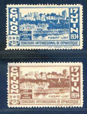 two stamps from the first world war showing a castle and a town