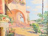 une peinture à l'huile représentant une maison avec un balcon orné de fleurs